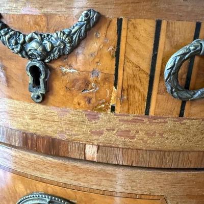 Sale Photo Thumbnail #62: Pair of Antique Marble Top Ormolu French Louis XV Nightstands or Accent Tables  23.5" x 16" x 34"
“Antique condition with some marks and dings in the wood. One area on the front looks like maybe it was repaired.