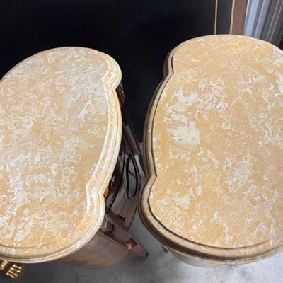 Sale Photo Thumbnail #61: Pair of Antique Marble Top Ormolu French Louis XV Nightstands or Accent Tables  23.5" x 16" x 34"
“Antique condition with some marks and dings in the wood. One area on the front looks like maybe it was repaired.