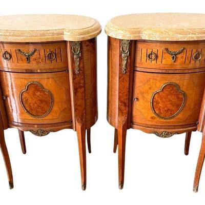 Sale Photo Thumbnail #55: Pair of Antique Marble Top Ormolu French Louis XV Nightstands or Accent Tables  23.5" x 16" x 34"
“Antique condition with some marks and dings in the wood. One area on the front looks like maybe it was repaired.