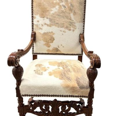 Sale Photo Thumbnail #66: Antique French Baroque Carved Wood Animal Hide Throne Chair  23.5" x 19" x 50"
“In great condition. Animal Hide in great newly reupholstered condition. Minor marks in wood. Please see photos.”