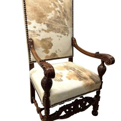 Sale Photo Thumbnail #63: Antique French Baroque Carved Wood Animal Hide Throne Chair  23.5" x 19" x 50"
“In great condition. Animal Hide in great newly reupholstered condition. Minor marks in wood. Please see photos.”