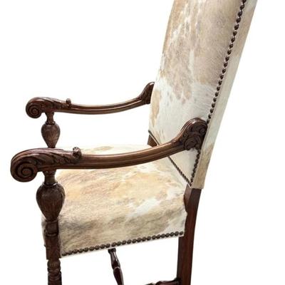 Sale Photo Thumbnail #64: Antique French Baroque Carved Wood Animal Hide Throne Chair  23.5" x 19" x 50"
“In great condition. Animal Hide in great newly reupholstered condition. Minor marks in wood. Please see photos.”