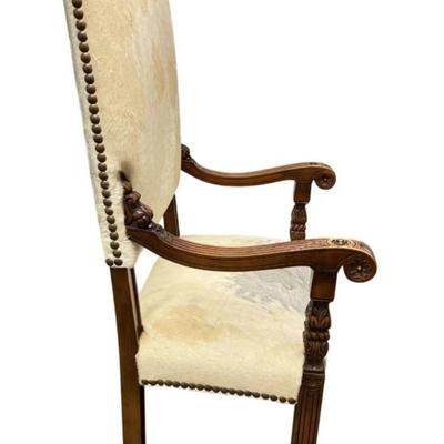 Sale Photo Thumbnail #84: Antique Renaissance Style, Hand Carved Wood Accents such as Flowers & Claw Feet, Animal Hide Upholstery, Throne Accent Chair
“In very sturdy antique condition with some marks in the wood (see claw feet especially) and the animal hide upholstery shows ma
