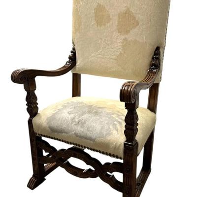 Sale Photo Thumbnail #82: Antique Renaissance Style, Hand Carved Wood Accents such as Flowers & Claw Feet, Animal Hide Upholstery, Throne Accent Chair
“In very sturdy antique condition with some marks in the wood (see claw feet especially) and the animal hide upholstery shows ma