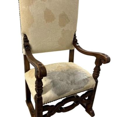 Sale Photo Thumbnail #83: Antique Renaissance Style, Hand Carved Wood Accents such as Flowers & Claw Feet, Animal Hide Upholstery, Throne Accent Chair
“In very sturdy antique condition with some marks in the wood (see claw feet especially) and the animal hide upholstery shows ma