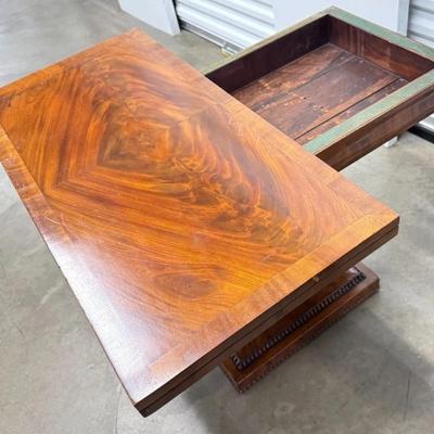 Sale Photo Thumbnail #87: Antique Empire Lyre Harp Base Flip Top Wood Game Card Accent Table
“Couple of scuffs on the base. A few very large scratches on the top including a zigzag. One that is "cracked" and extends under the table. Top is not "firm" and can move. It doesn't sit