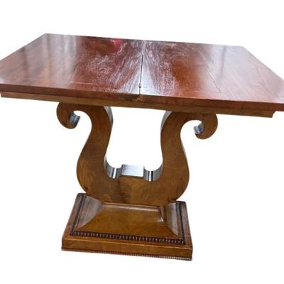 Sale Photo Thumbnail #85: Antique Empire Lyre Harp Base Flip Top Wood Game Card Accent Table
“Couple of scuffs on the base. A few very large scratches on the top including a zigzag. One that is "cracked" and extends under the table. Top is not "firm" and can move. It doesn't sit