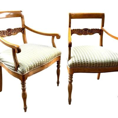 Sale Photo Thumbnail #92: Pair of Antique Armchairs Carved Wood with fairly new Green Polka Dot Upholstery.
These chairs are antique - they have splitting in the wood seams, nicks, scuffs and fading of the wood stain. One of the chairs has a portion of the back glued together. Fab