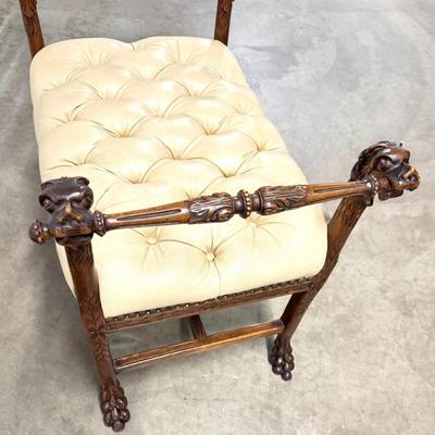 Sale Photo Thumbnail #97: Antique English dog Face Carving Mahogany Wood Leather Bench  28" x 17" x 23"
“In great condition with some minor marks in the wood. Leather is in great condition