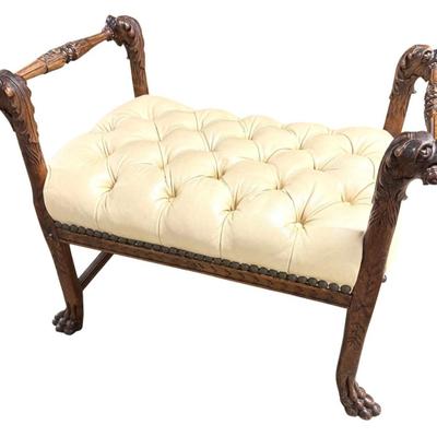 Sale Photo Thumbnail #95: Antique English dog Face Carving Mahogany Wood Leather Bench  28" x 17" x 23"
“In great condition with some minor marks in the wood. Leather is in great condition