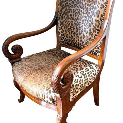 Sale Photo Thumbnail #100: Antique Empire Style Leopard Print Animal Hide Carved Wood Arm Chair 21" x 20.5" x 36.5"
“Light scuff marks on wood. Some surface rubbing on leopard print on seat.”