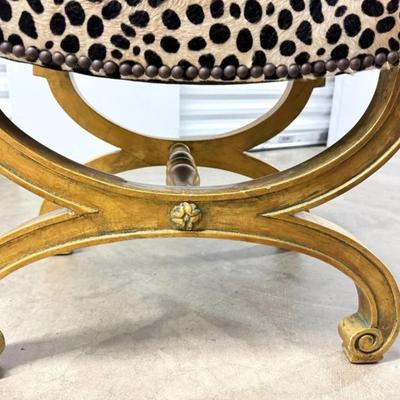 Sale Photo Thumbnail #105: Antique French Empire Curule Seat w/ Leopard Print Animal Hide Vanity Chair Stool  20" x 14.5" x 19"
“In great condition. Very minor rubbing on the animal hide seat. Paint is rustic in nature with some scuff marks. Minor "splitting" in the wood.
