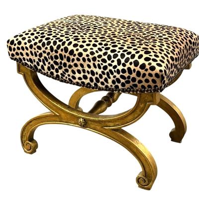 Sale Photo Thumbnail #104: Antique French Empire Curule Seat w/ Leopard Print Animal Hide Vanity Chair Stool  20" x 14.5" x 19"
“In great condition. Very minor rubbing on the animal hide seat. Paint is rustic in nature with some scuff marks. Minor "splitting" in the wood.