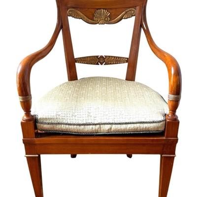 Sale Photo Thumbnail #107: Vintage, Late 20th Century, Attributed to KPS Group Italy, Directoire Wood Arm Chair with Hand Carved Wood Accents, Cane Seat and Custom Monkey Image Print Upholstery.
“In great condition with light marks (mostly on legs) on the wood & paint. Caning has