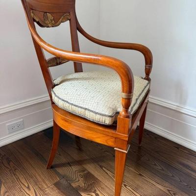 Sale Photo Thumbnail #109: Vintage, Late 20th Century, Attributed to KPS Group Italy, Directoire Wood Arm Chair with Hand Carved Wood Accents, Cane Seat and Custom Monkey Image Print Upholstery.
“In great condition with light marks (mostly on legs) on the wood & paint. Caning has