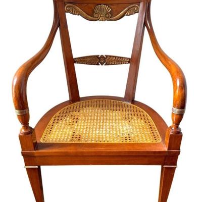 Sale Photo Thumbnail #108: Vintage, Late 20th Century, Attributed to KPS Group Italy, Directoire Wood Arm Chair with Hand Carved Wood Accents, Cane Seat and Custom Monkey Image Print Upholstery.
“In great condition with light marks (mostly on legs) on the wood & paint. Caning has
