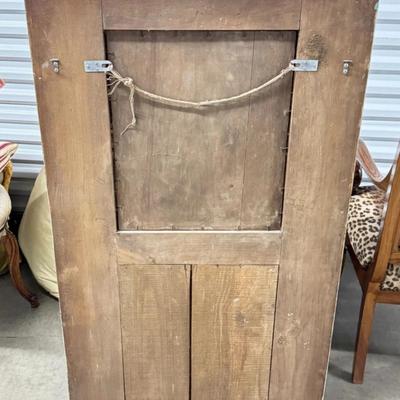 Sale Photo Thumbnail #111: Antique 18th C French Trumeau Mirror Wall Hanging with Hand Painted Man & Woman Under a Tree Scene.
“In antique condition with paint chipping, crackling, a couple of chips in carved wood and some spots on the mirror.”
Approximate Size 30" x 1.5" x 47"