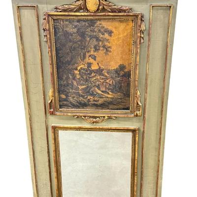 Sale Photo Thumbnail #110: Antique 18th C French Trumeau Mirror Wall Hanging with Hand Painted Man & Woman Under a Tree Scene.
“In antique condition with paint chipping, crackling, a couple of chips in carved wood and some spots on the mirror.”
Approximate Size 30" x 1.5" x 47"