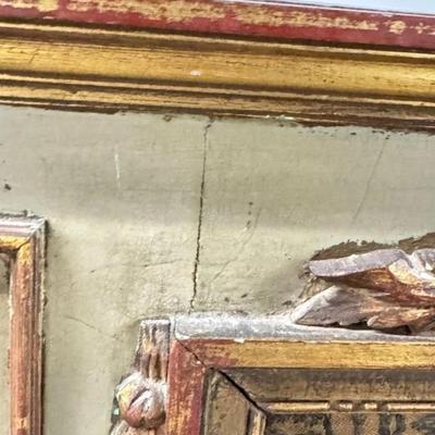 Sale Photo Thumbnail #112: Antique 18th C French Trumeau Mirror Wall Hanging with Hand Painted Man & Woman Under a Tree Scene.
“In antique condition with paint chipping, crackling, a couple of chips in carved wood and some spots on the mirror.”
Approximate Size 30" x 1.5" x 47"