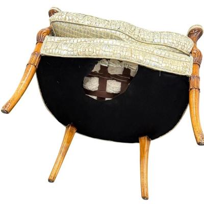 Sale Photo Thumbnail #115: Antique Accent Arm Chair w Carved Wood Details. Updated in a Contemporary Shiny Crocodile Print Pattern Upholstery with Tasseled Lumbar Pillow. “In great re-upholstered condition. Wood has minor marks.”
Approximate Size: 27" x 24" x 39"
Arm Height 26"