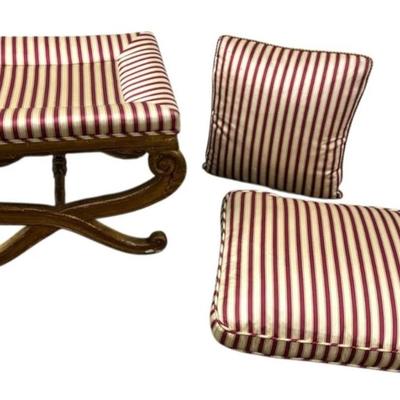 Sale Photo Thumbnail #119: Antique French Empire Style Curule Vanity Foot Stool Seat w Painted Gold Legs, Striped Satin Seat Cushion and Pillow.
Approximate Size: 22" x 17.5" x 16.5"“
Upholstery is in great condition with minor "blemishes". Paint is in antique condition and is pe
