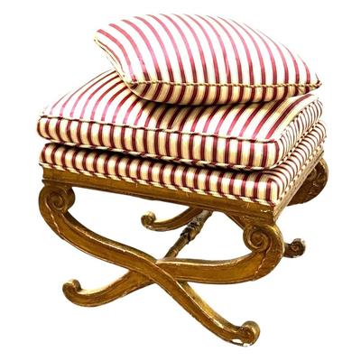 Sale Photo Thumbnail #118: Antique French Empire Style Curule Vanity Foot Stool Seat w Painted Gold Legs, Striped Satin Seat Cushion and Pillow.
Approximate Size: 22" x 17.5" x 16.5"“
Upholstery is in great condition with minor "blemishes". Paint is in antique condition and is pe