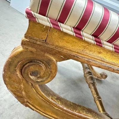 Sale Photo Thumbnail #121: Antique French Empire Style Curule Vanity Foot Stool Seat w Painted Gold Legs, Striped Satin Seat Cushion and Pillow.
Approximate Size: 22" x 17.5" x 16.5"“
Upholstery is in great condition with minor "blemishes". Paint is in antique condition and is pe