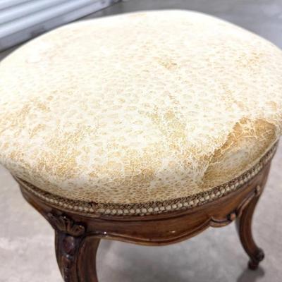 Sale Photo Thumbnail #125: Antique French Carved Walnut Wood Tripod Foot Stool 14.5" x 21" 
“Needs new upholstery (stained). Some minor scuffs on wood.