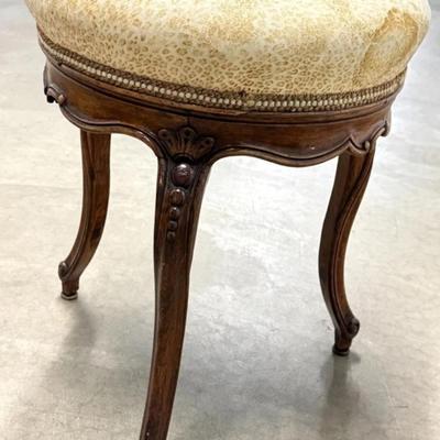 Sale Photo Thumbnail #123: Antique French Carved Walnut Wood Tripod Foot Stool 14.5" x 21" 
“Needs new upholstery (stained). Some minor scuffs on wood.