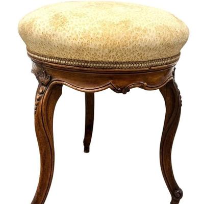 Sale Photo Thumbnail #122: Antique French Carved Walnut Wood Tripod Foot Stool 14.5" x 21" 
“Needs new upholstery (stained). Some minor scuffs on wood.