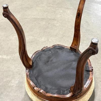 Sale Photo Thumbnail #124: Antique French Carved Walnut Wood Tripod Foot Stool 14.5" x 21" 
“Needs new upholstery (stained). Some minor scuffs on wood.