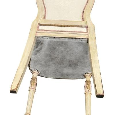 Sale Photo Thumbnail #128: Antique Louis XVI Hand Painted Slipper Boudoir Side Chair with carved "Ribbon" Top
“In very sturdy condition. Some splitting of the wood at seams. Some scuff marks on legs. Upholstery in fair condition - some spots and larger marks on the seat. Could us