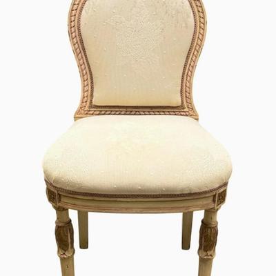 Sale Photo Thumbnail #126: Antique Louis XVI Hand Painted Slipper Boudoir Side Chair with carved "Ribbon" Top
“In very sturdy condition. Some splitting of the wood at seams. Some scuff marks on legs. Upholstery in fair condition - some spots and larger marks on the seat. Could us