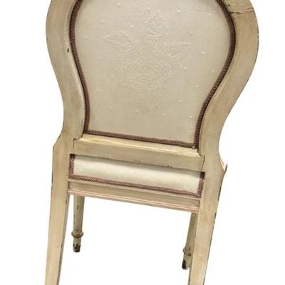 Sale Photo Thumbnail #127: Antique Louis XVI Hand Painted Slipper Boudoir Side Chair with carved "Ribbon" Top
“In very sturdy condition. Some splitting of the wood at seams. Some scuff marks on legs. Upholstery in fair condition - some spots and larger marks on the seat. Could us