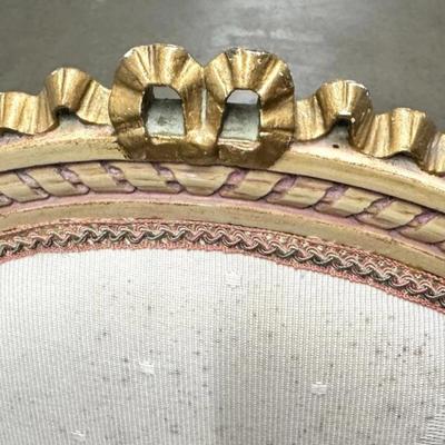 Sale Photo Thumbnail #130: Antique Louis XVI Hand Painted Slipper Boudoir Side Chair with carved "Ribbon" Top
“In very sturdy condition. Some splitting of the wood at seams. Some scuff marks on legs. Upholstery in fair condition - some spots and larger marks on the seat. Could us