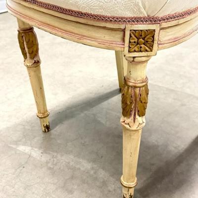 Sale Photo Thumbnail #129: Antique Louis XVI Hand Painted Slipper Boudoir Side Chair with carved "Ribbon" Top
“In very sturdy condition. Some splitting of the wood at seams. Some scuff marks on legs. Upholstery in fair condition - some spots and larger marks on the seat. Could us