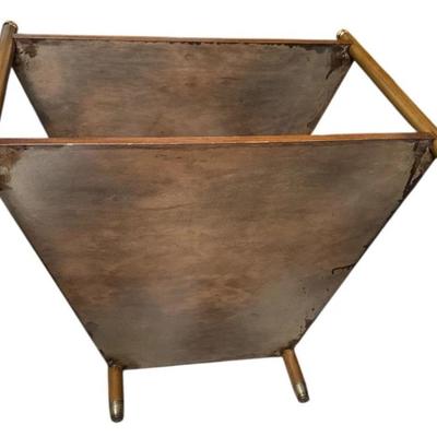 Sale Photo Thumbnail #143: Vintage Unmarked Traditional or Transitional Heritage Two-Tier Wedge Shaped Side or End Table.
Approximate Size 28" x 21" x 23" (to top of ball)

“Looks like it was refinished or stained from looking at underside. There are some big scratches on the top