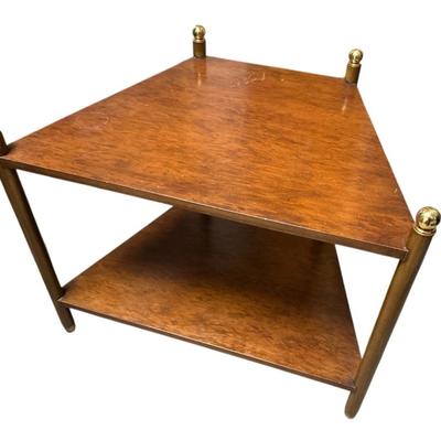 Sale Photo Thumbnail #141: Vintage Unmarked Traditional or Transitional Heritage Two-Tier Wedge Shaped Side or End Table.
Approximate Size 28" x 21" x 23" (to top of ball)

“Looks like it was refinished or stained from looking at underside. There are some big scratches on the top