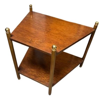 Sale Photo Thumbnail #142: Vintage Unmarked Traditional or Transitional Heritage Two-Tier Wedge Shaped Side or End Table.
Approximate Size 28" x 21" x 23" (to top of ball)

“Looks like it was refinished or stained from looking at underside. There are some big scratches on the top