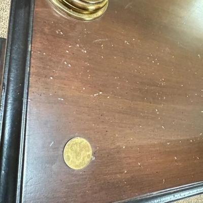 Sale Photo Thumbnail #148: Vintage Stiffel Style Two Tier Table Reading Lamp with New Brunswick Lamp Shade.
“Wood has some cup ring water marks and small marks allover especially on top of table in one corner. Great working condition. Lamp shade is in great condition too.”
20.5