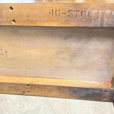 Sale Photo Thumbnail #166: Vintage Mid Century Modern Henredon Style Rectangular Polished Oak Wood Parsons Console Table with Campaign Style Metal Accents on Feet and Corners.
“In amazing condition! A couple small scratch marks on the top and one or two on the legs. 
Approximate 