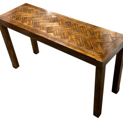 Sale Photo Thumbnail #163: Vintage Mid Century Modern Henredon Style Rectangular Polished Oak Wood Parsons Console Table with Campaign Style Metal Accents on Feet and Corners.
“In amazing condition! A couple small scratch marks on the top and one or two on the legs. 
Approximate 