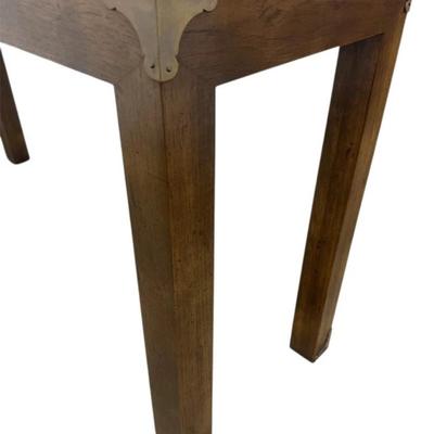 Sale Photo Thumbnail #165: Vintage Mid Century Modern Henredon Style Rectangular Polished Oak Wood Parsons Console Table with Campaign Style Metal Accents on Feet and Corners.
“In amazing condition! A couple small scratch marks on the top and one or two on the legs. 
Approximate 