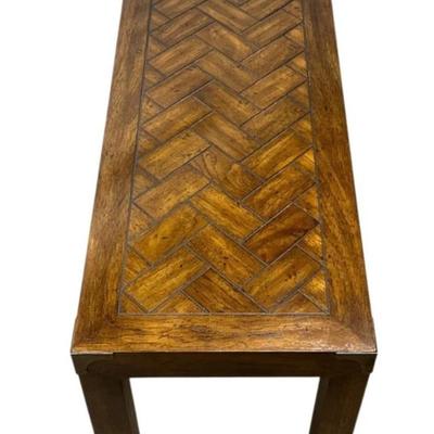 Sale Photo Thumbnail #164: Vintage Mid Century Modern Henredon Style Rectangular Polished Oak Wood Parsons Console Table with Campaign Style Metal Accents on Feet and Corners.
“In amazing condition! A couple small scratch marks on the top and one or two on the legs. 
Approximate 