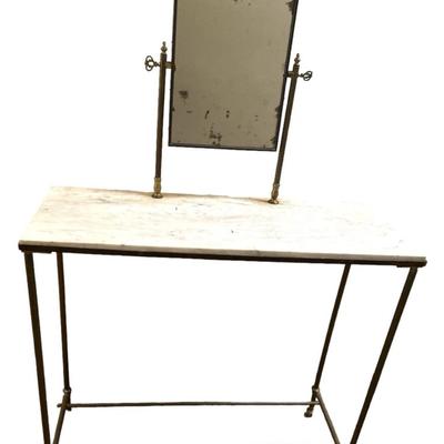Sale Photo Thumbnail #168: Antique Marble Top Metal Vanity Console w/ 360 Attached Mirror Shaving Table 31" x 12" x29.5"
Item is in good, very stable condition with marble "staining" around the mirror base as well as marks all over the top consistent with use and age. Mirror has so