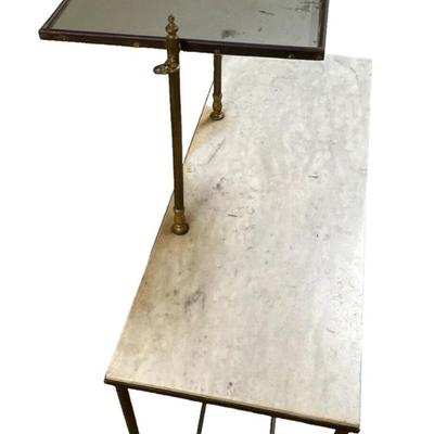 Sale Photo Thumbnail #171: Antique Marble Top Metal Vanity Console w/ 360 Attached Mirror Shaving Table 31" x 12" x29.5"
Item is in good, very stable condition with marble "staining" around the mirror base as well as marks all over the top consistent with use and age. Mirror has so