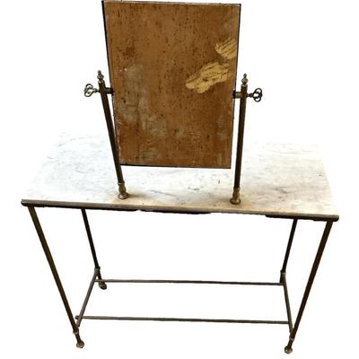 Sale Photo Thumbnail #170: Antique Marble Top Metal Vanity Console w/ 360 Attached Mirror Shaving Table 31" x 12" x29.5"
Item is in good, very stable condition with marble "staining" around the mirror base as well as marks all over the top consistent with use and age. Mirror has so