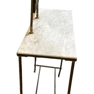 Sale Photo Thumbnail #169: Antique Marble Top Metal Vanity Console w/ 360 Attached Mirror Shaving Table 31" x 12" x29.5"
Item is in good, very stable condition with marble "staining" around the mirror base as well as marks all over the top consistent with use and age. Mirror has so