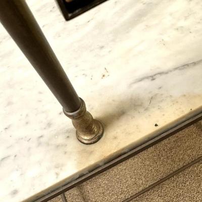 Sale Photo Thumbnail #173: Antique Marble Top Metal Vanity Console w/ 360 Attached Mirror Shaving Table 31" x 12" x29.5"
Item is in good, very stable condition with marble "staining" around the mirror base as well as marks all over the top consistent with use and age. Mirror has so