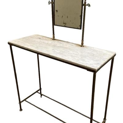Sale Photo Thumbnail #167: Antique Marble Top Metal Vanity Console w/ 360 Attached Mirror Shaving Table 31" x 12" x29.5"
Item is in good, very stable condition with marble "staining" around the mirror base as well as marks all over the top consistent with use and age. Mirror has so